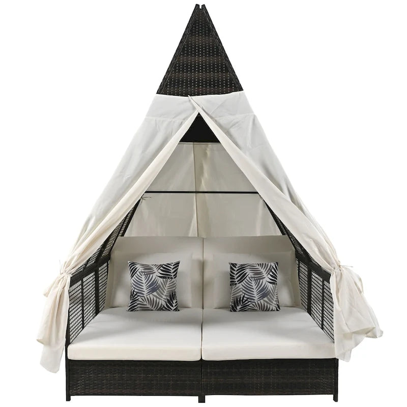 Lit de repos de jardin en rotin avec tente triangulaire, dossier réglable et rideaux