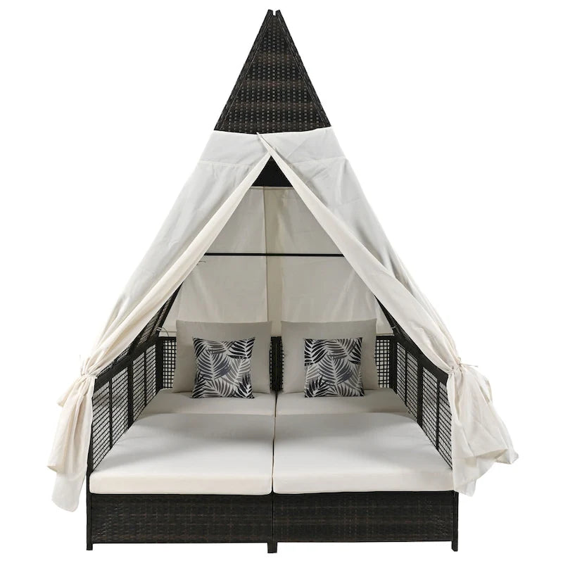 Lit de repos de jardin en rotin avec tente triangulaire, dossier réglable et rideaux