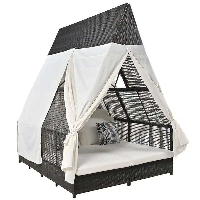 Lit de repos de jardin en rotin avec tente triangulaire, dossier réglable et rideaux