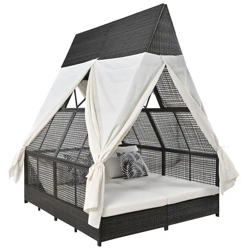 Lit de repos de jardin en rotin avec tente triangulaire, dossier réglable et rideaux