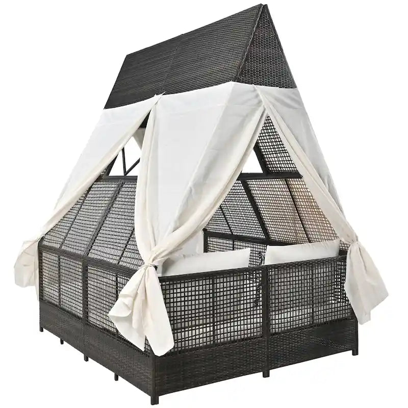 Lit de repos de jardin en rotin avec tente triangulaire, dossier réglable et rideaux
