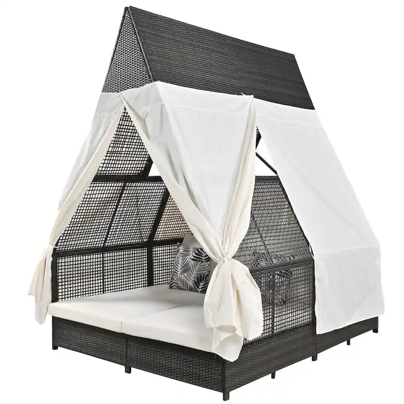 Lit de repos de jardin en rotin avec tente triangulaire, dossier réglable et rideaux