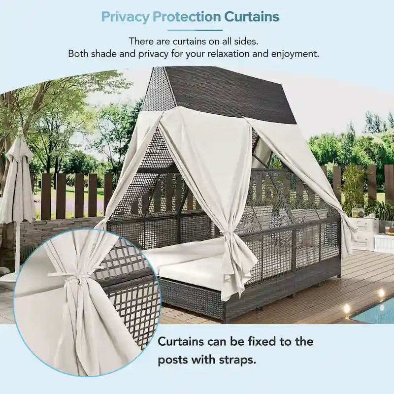 Lit de repos de jardin en rotin avec tente triangulaire, dossier réglable et rideaux