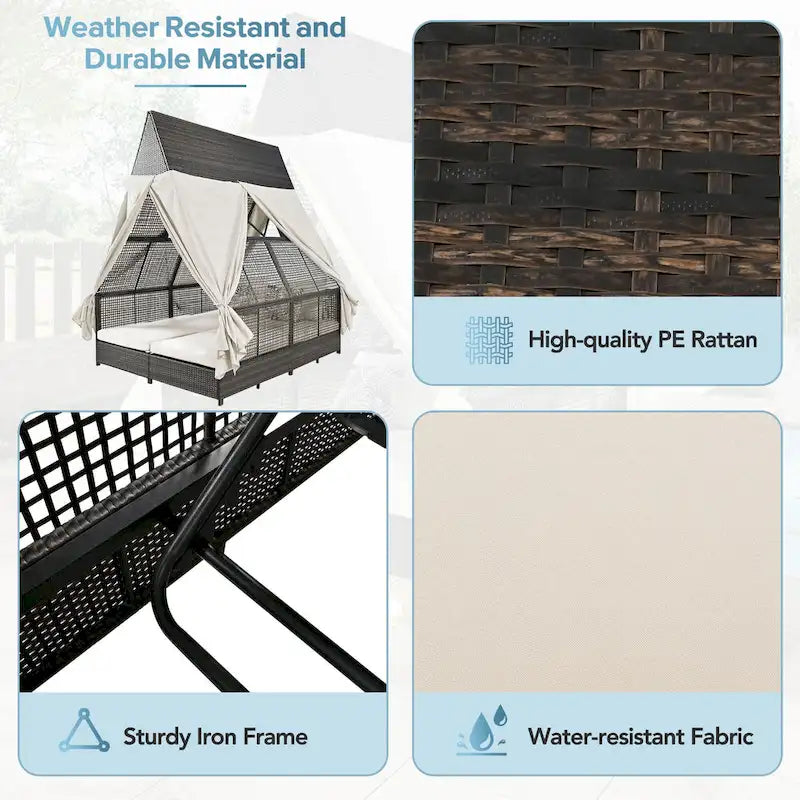 Lit de repos de jardin en rotin avec tente triangulaire, dossier réglable et rideaux