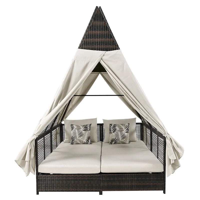Lit de repos de jardin en rotin avec tente triangulaire, dossier réglable et rideaux
