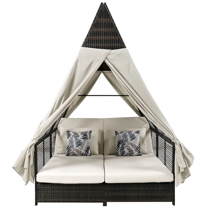 Lit de repos de jardin en rotin avec tente triangulaire, dossier réglable et rideaux