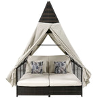 Lit de repos de jardin en rotin avec tente triangulaire, dossier réglable et rideaux
