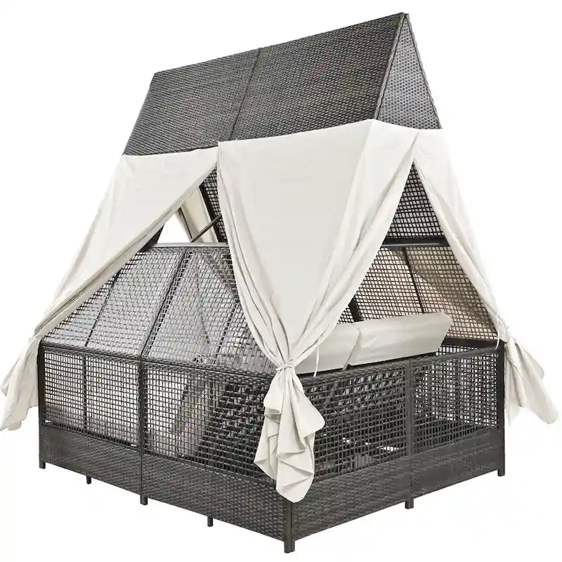 Lit de repos de jardin en rotin avec tente triangulaire, dossier réglable et rideaux