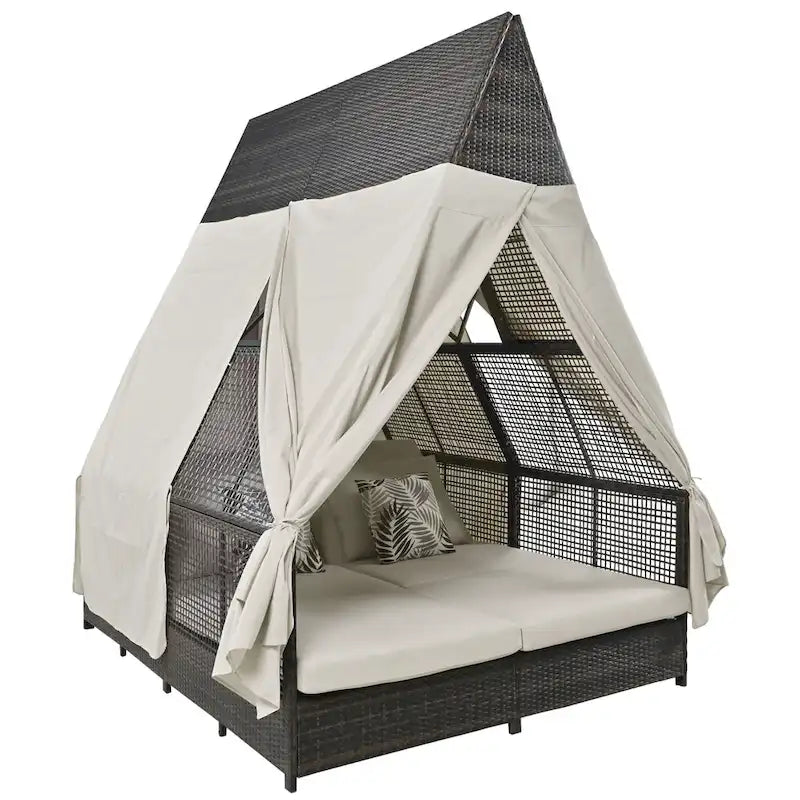 Lit de repos de jardin en rotin avec tente triangulaire, dossier réglable et rideaux