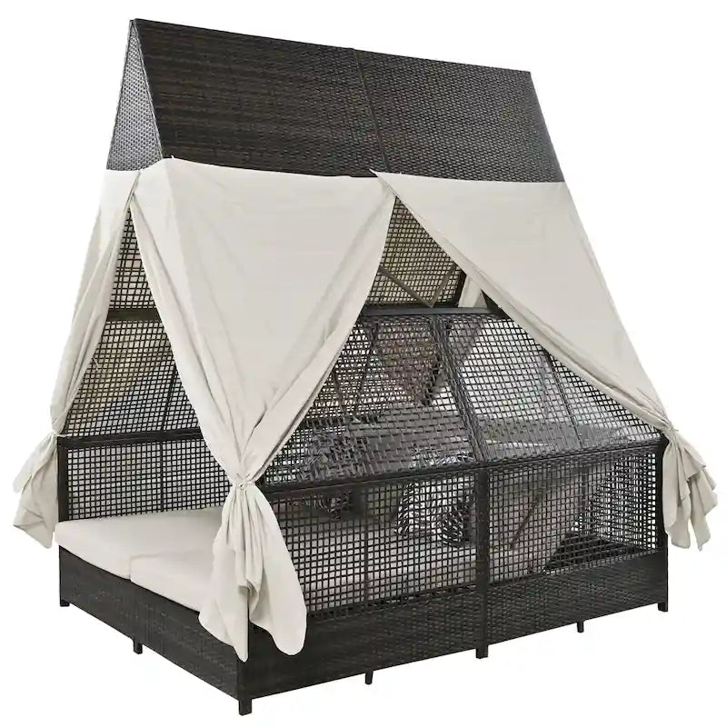 Lit de repos de jardin en rotin avec tente triangulaire, dossier réglable et rideaux