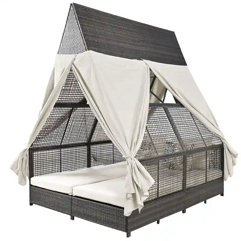 Lit de repos de jardin en rotin avec tente triangulaire, dossier réglable et rideaux