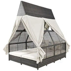 Lit de repos de jardin en rotin avec tente triangulaire, dossier réglable et rideaux