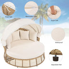Lit de jour rond d'extérieur Roomfitters, canapé de patio en osier avec auvent rétractable et coussins amovibles, jardin et véranda, beige