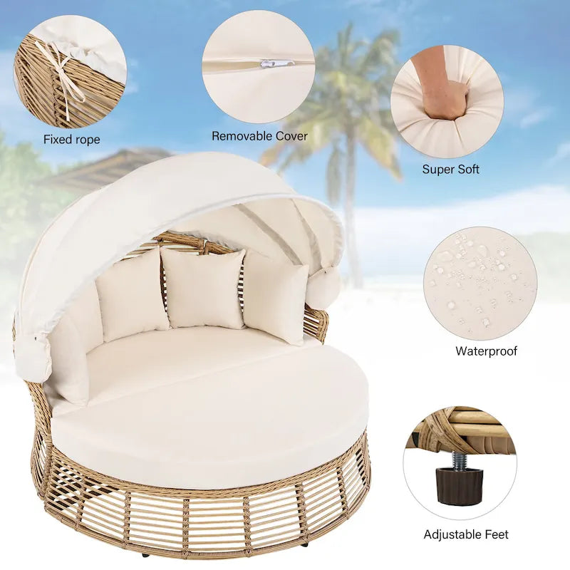 Lit de jour rond d'extérieur Roomfitters, canapé de patio en osier avec auvent rétractable et coussins amovibles, jardin et véranda, beige