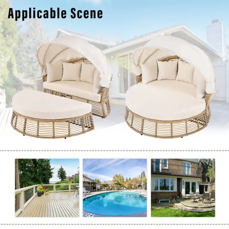 Lit de jour rond d'extérieur Roomfitters, canapé de patio en osier avec auvent rétractable et coussins amovibles, jardin et véranda, beige