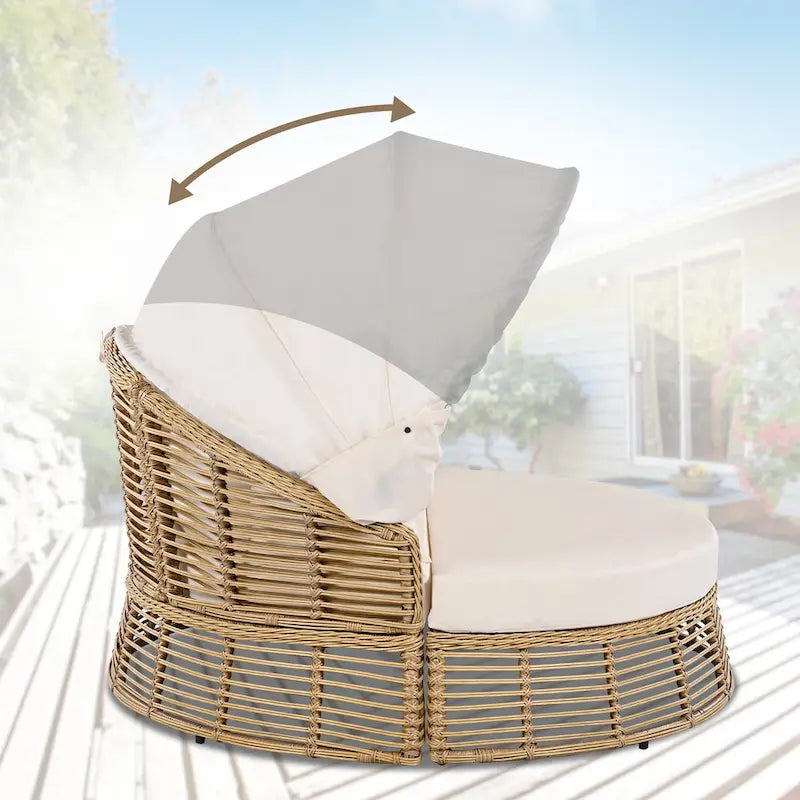 Lit de jour rond d'extérieur Roomfitters, canapé de patio en osier avec auvent rétractable et coussins amovibles, jardin et véranda, beige