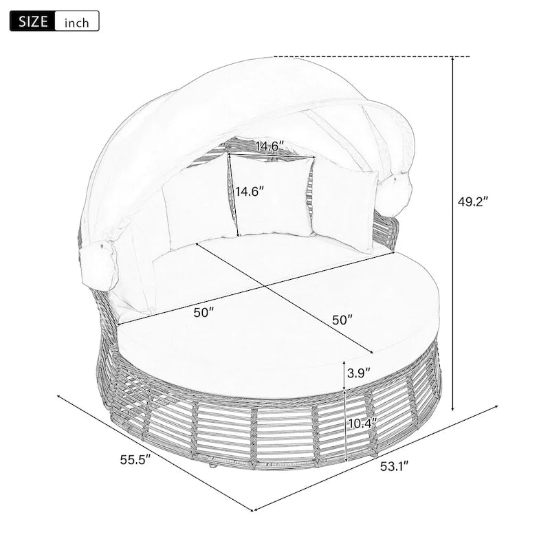 Lit de jour rond d'extérieur Roomfitters, canapé de patio en osier avec auvent rétractable et coussins amovibles, jardin et véranda, beige