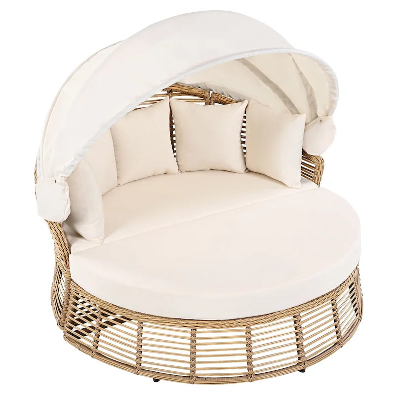 Lit de jour rond d'extérieur Roomfitters, canapé de patio en osier avec auvent rétractable et coussins amovibles, jardin et véranda, beige