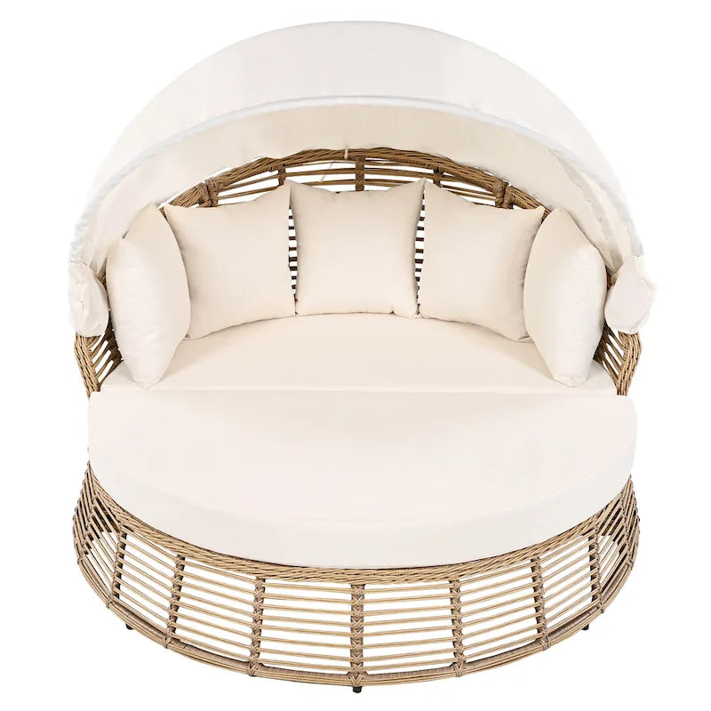 Lit de jour rond d'extérieur Roomfitters, canapé de patio en osier avec auvent rétractable et coussins amovibles, jardin et véranda, beige