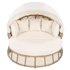 Lit de jour rond d'extérieur Roomfitters, canapé de patio en osier avec auvent rétractable et coussins amovibles, jardin et véranda, beige