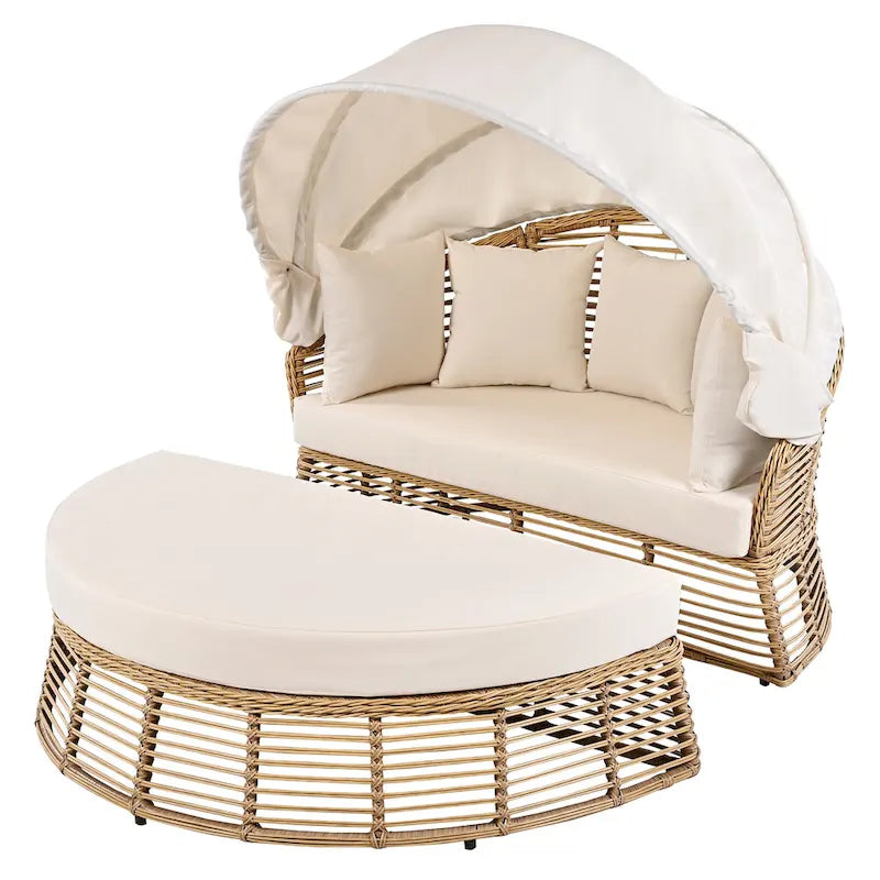 Lit de jour rond d'extérieur Roomfitters, canapé de patio en osier avec auvent rétractable et coussins amovibles, jardin et véranda, beige