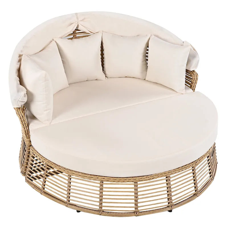 Lit de jour rond d'extérieur Roomfitters, canapé de patio en osier avec auvent rétractable et coussins amovibles, jardin et véranda, beige