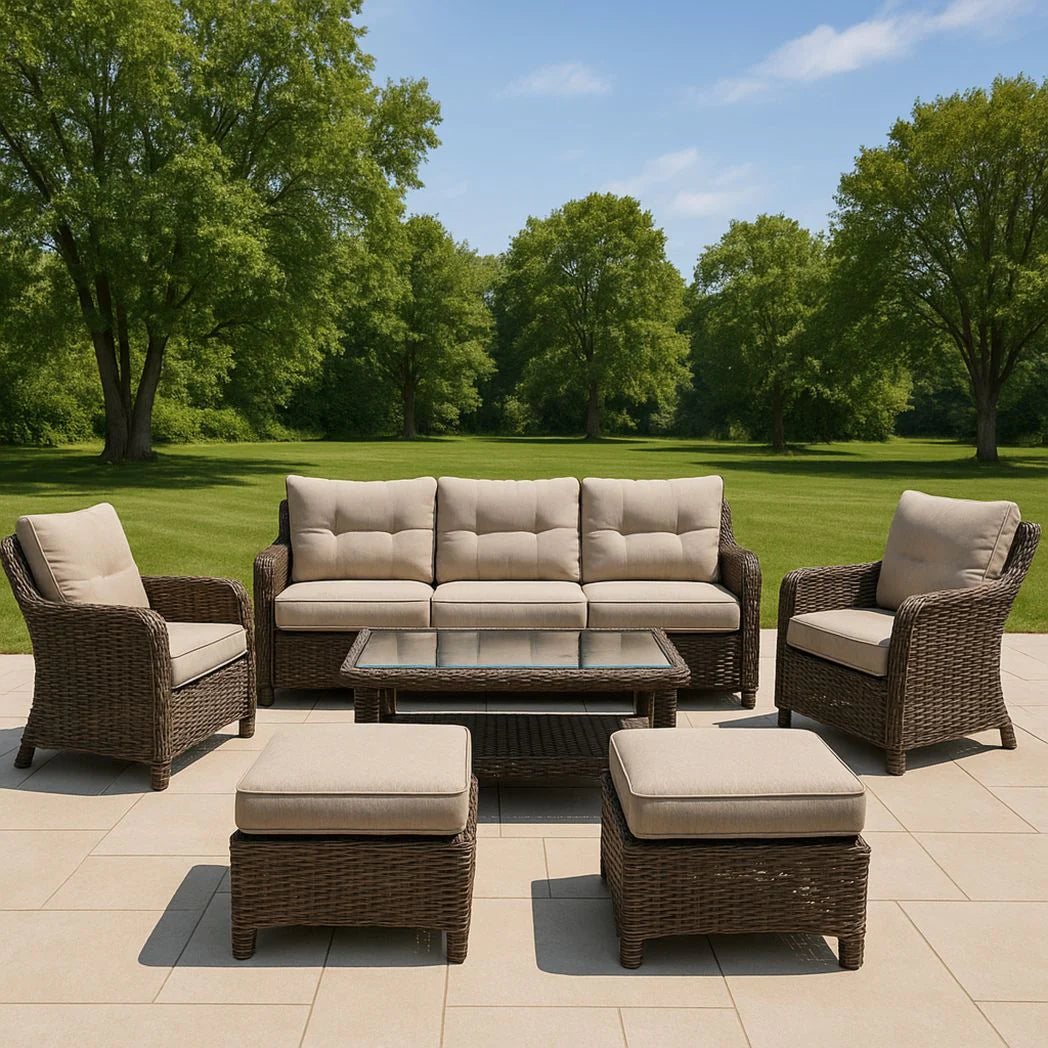 Brown Woven Resin Garden Furniture Set with Beige Cushions, Including a Sofa, Armchairs, Coffee Table and Ottomans