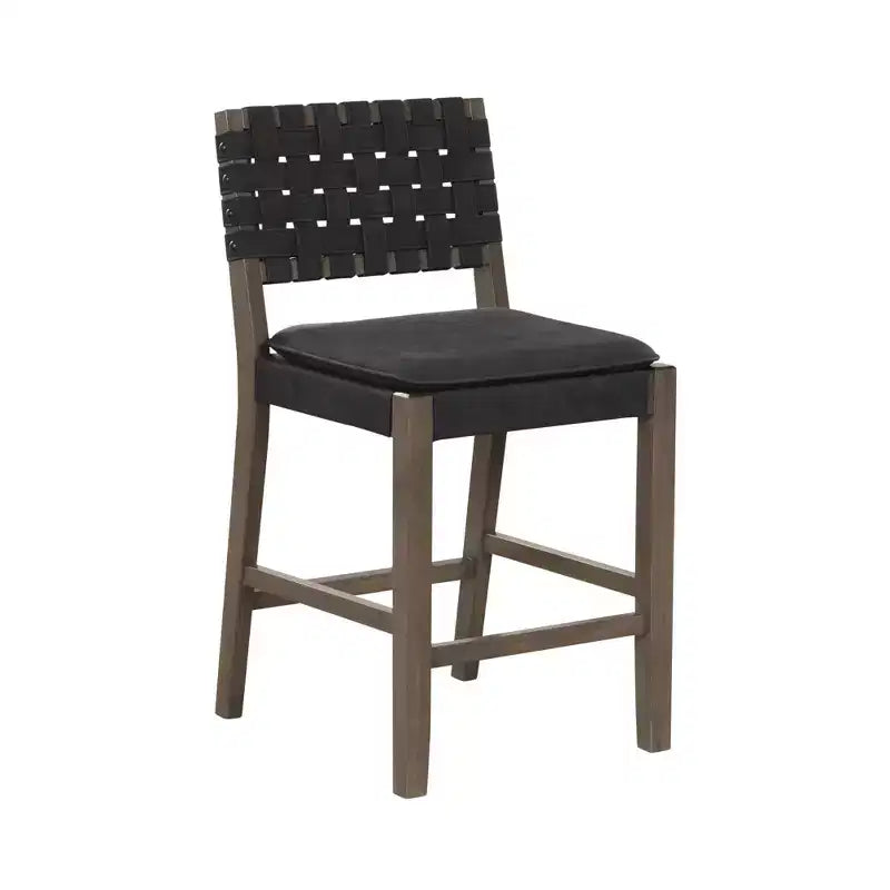 Nathan James Cohen Woven Faux Leather Counter Height Barstool Black: Rubberwood Frame, Saddle Seat, Stud Detail