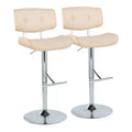 Set of 2 Lombardi Adjustable Barstools Chrome/Natural/Cream: Mid-Century, Tufted, Bent Wood, 360° Swivel - LumiSource