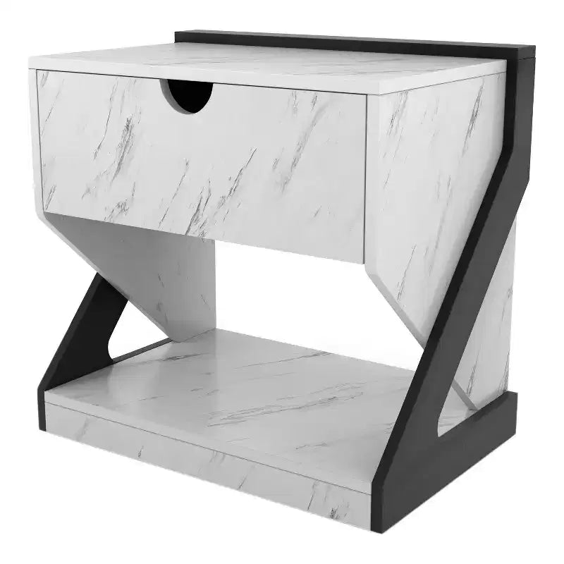 Galahad Modern Faux Marble Nightstand with Drawer White - miBasics: MDF Frame, Open Shelf, Smooth Finish, 50 lb Capacity