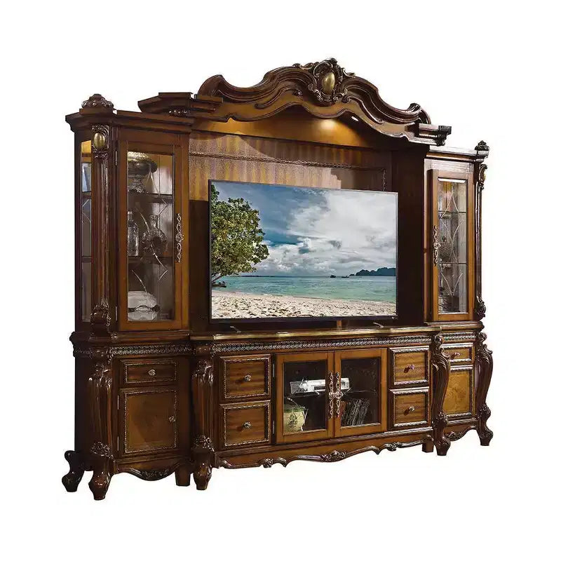 Picardy 115" Tv Entertainment Centers Honey Oak - Acme Furniture: Elegant Queen Anne Legs, Beveled Glass Doors, Touch Lighting