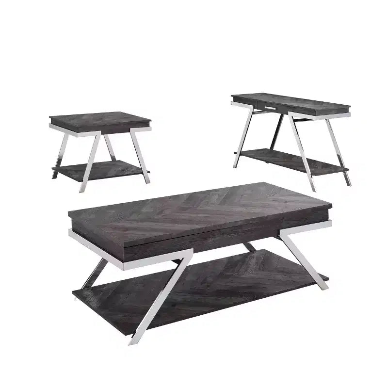 3pc Roma Occasional Table Set Dark Gray/Chrome - Steve Silver Co.: Modern Living Room Furniture Set with Lift-Top Design