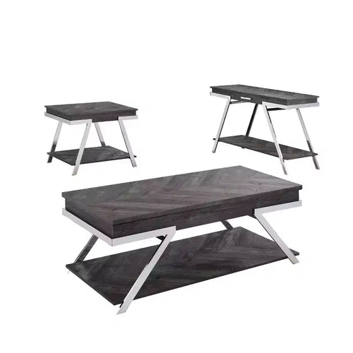 3pc Roma Occasional Table Set Dark Gray/Chrome - Steve Silver Co.: Modern Living Room Furniture Set with Lift-Top Design
