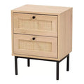 Baxton Studio Sherwin 2 Drawer End Table with Woven Rattan Accent Light Brown/Black: Mid-Century Storage, Metal Base