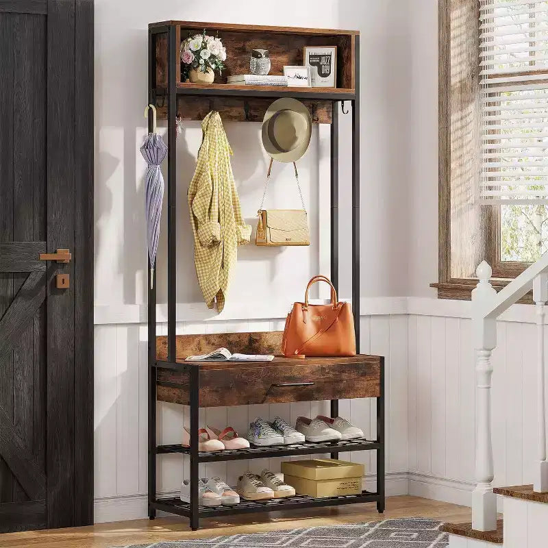 LITTLE TREE Entryway Hall Tree Industrial Coat Rack Rustic Brown