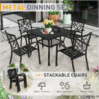SUNCROWN Salon de jardin 5/7 pièces en acier avec table à lattes métalliques et chaises empilables Structure thermolaquée