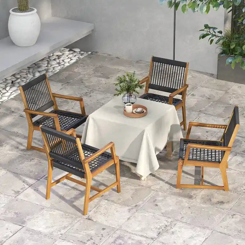 Chaises de salle à manger Gymax Patio 4 pièces en bois d'acacia Tressage de corde tout temps