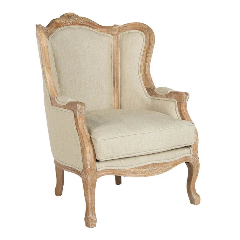 Fauteuil à oreilles Safavieh Couture Kali en chêne et lin naturel - 34 larg. x 34 prof. x 40 haut.