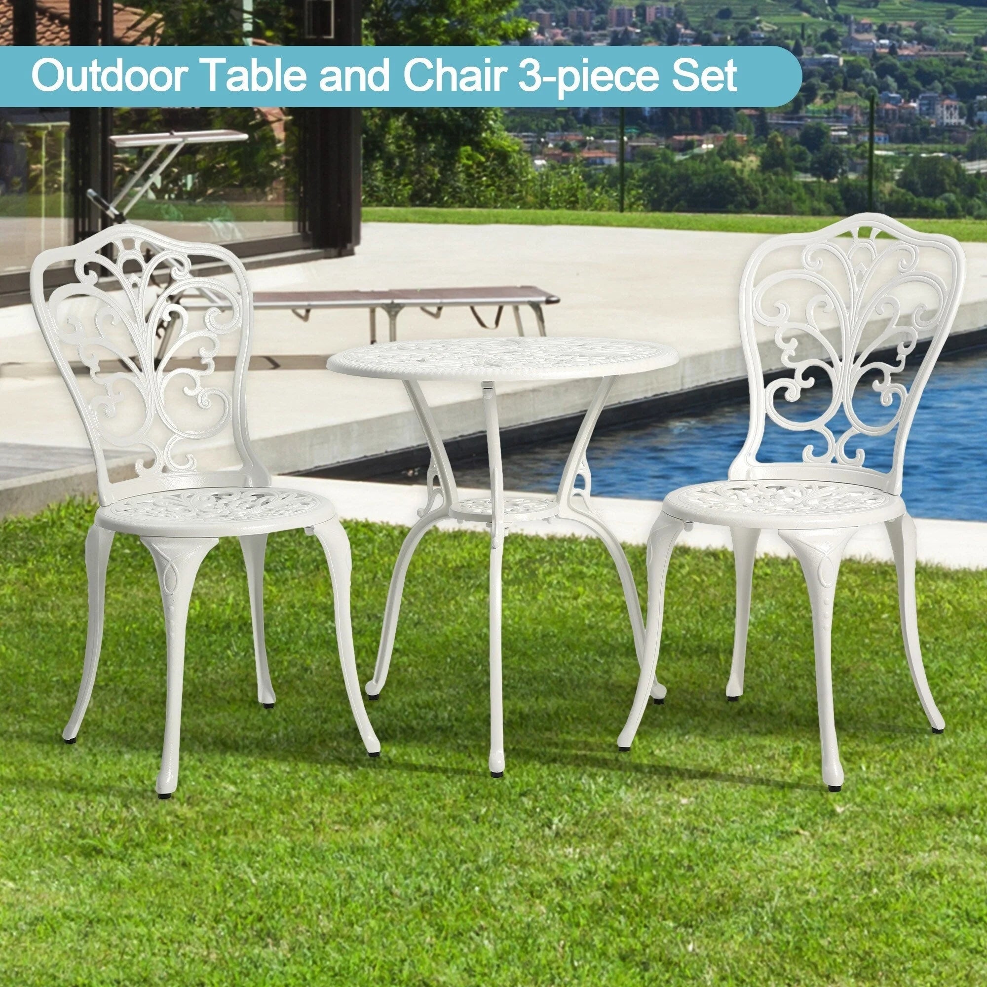 Ensemble de 3 pièces pour terrasse extérieure en aluminium avec table papillon, chaises et trou pour parasol