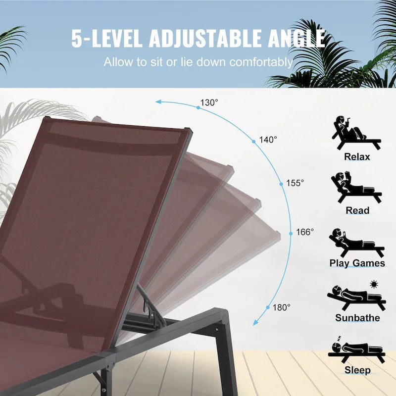 Chaises longues d'extérieur, chaises longues de patio en aluminium avec 5 positions réglables, chaises longues de piscine pliantes inclinables