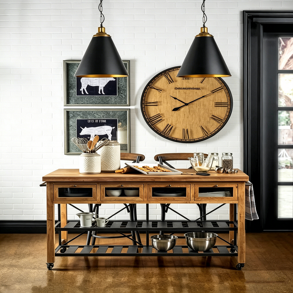 Îlot de cuisine roulant à deux niveaux en métal noir avec plateau en bois massif - 28,0L x 60,0W x 34,0H