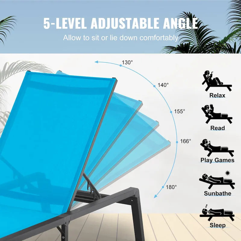 Chaises longues d'extérieur, chaises longues de patio en aluminium avec 5 positions réglables, chaises longues de piscine pliantes inclinables