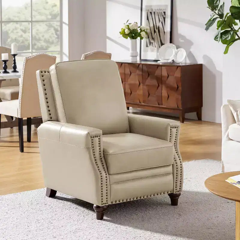 Fauteuil inclinable en cuir véritable style transitionnel Theresa avec clous décoratifs pour salon et chambre | ART OF LIVING DESIGNS