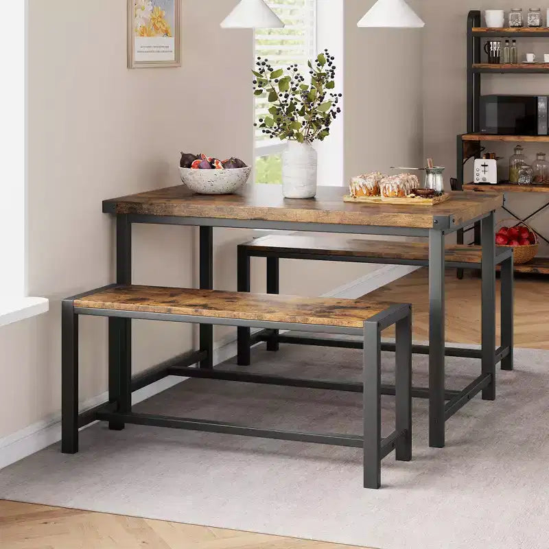 Garvee Dining Table Set for 4, Kitchen Table with 2 Benches, 3 Piece Dining Table Set for Small Space, Apartment, Studio, Rustic Brown