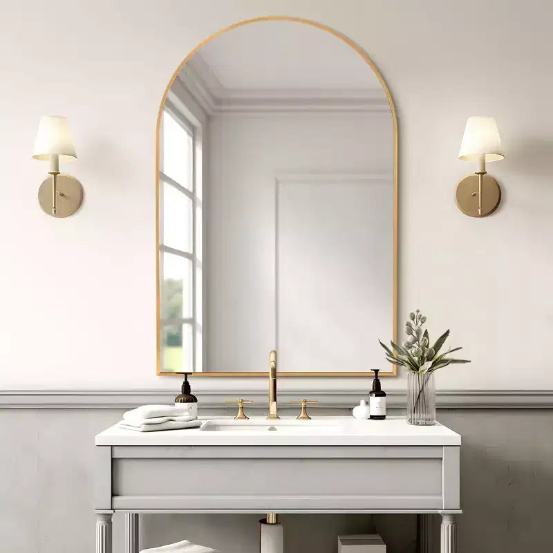 Dovelina 36H x 24 W Modern Arched Vanity Mirror Metal Framed Bathroom Wall Mirror Decorative Leaning Mirror