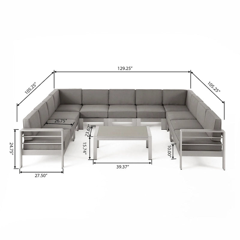 Ensemble de canapé d'angle en aluminium en forme de U à 11 places avec table pour extérieur Cape Coral de Christopher Knight Home