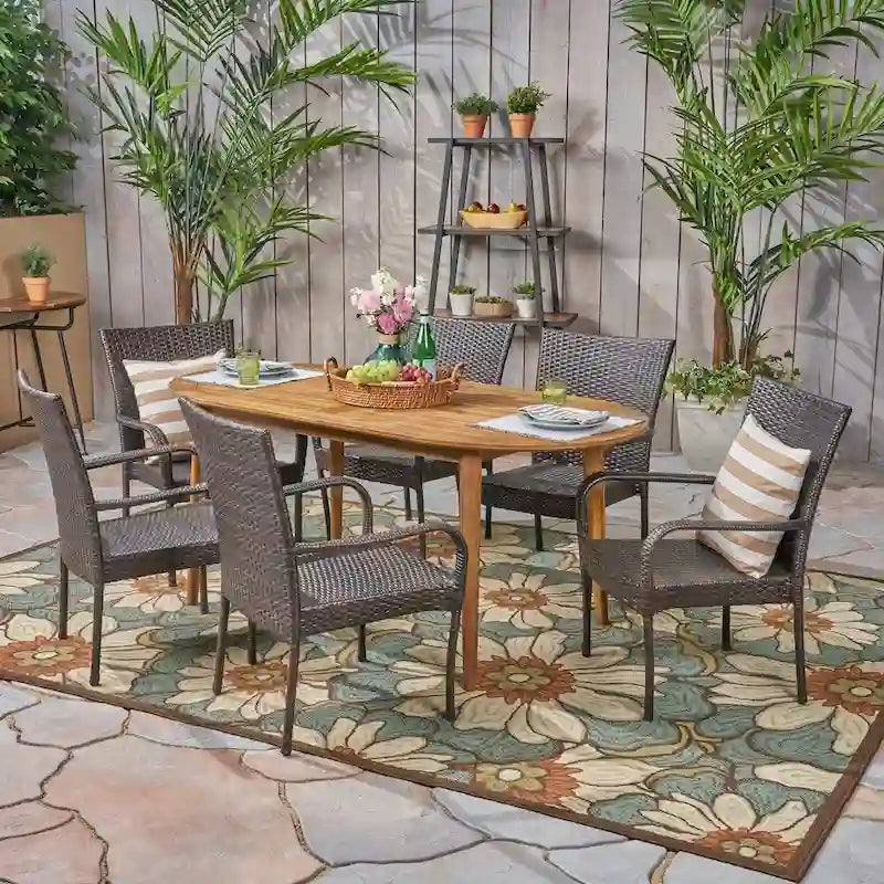 Ensemble de salle à manger d'extérieur 7 pièces en bois d'acacia Elderon avec chaises empilables en osier par Christopher Knight Home