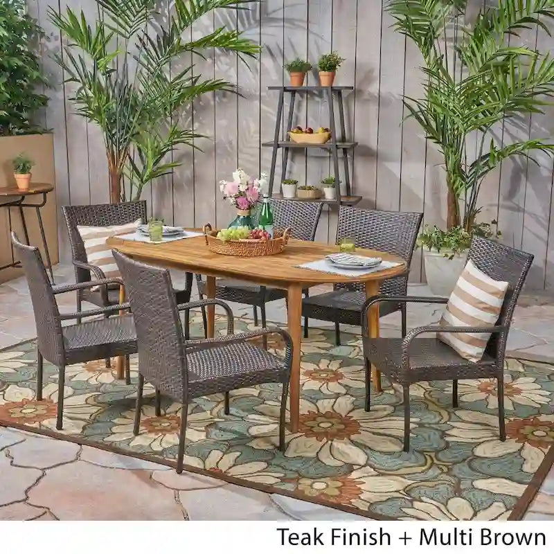 Ensemble de salle à manger d'extérieur 7 pièces en bois d'acacia Elderon avec chaises empilables en osier par Christopher Knight Home