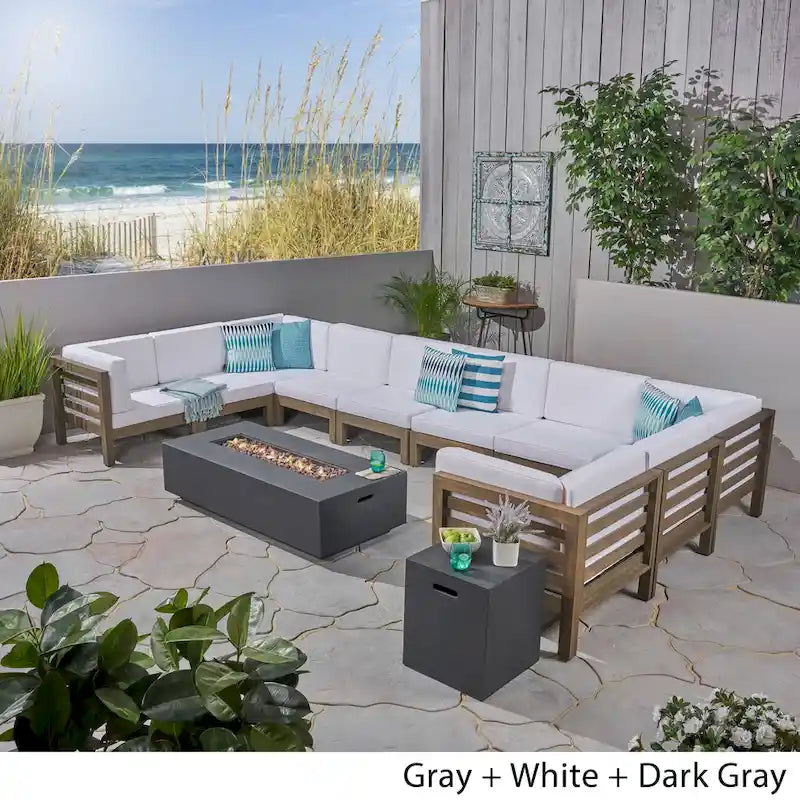 Ensemble de canapés modulaires d'extérieur en bois d'acacia en forme de U de 12 pièces Oana avec foyer de Christopher Knight Home