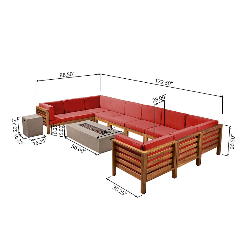 Ensemble de canapés modulaires d'extérieur en bois d'acacia en forme de U de 12 pièces Oana avec foyer de Christopher Knight Home